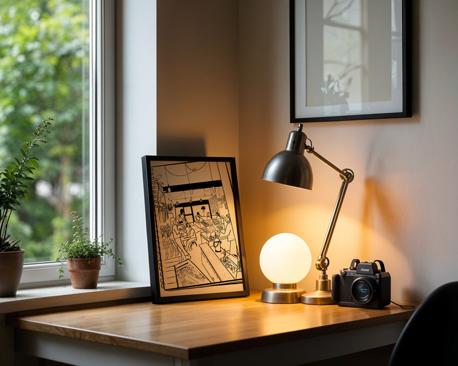 Desk with lamp, camera, and framed picture next to a window with plants.
