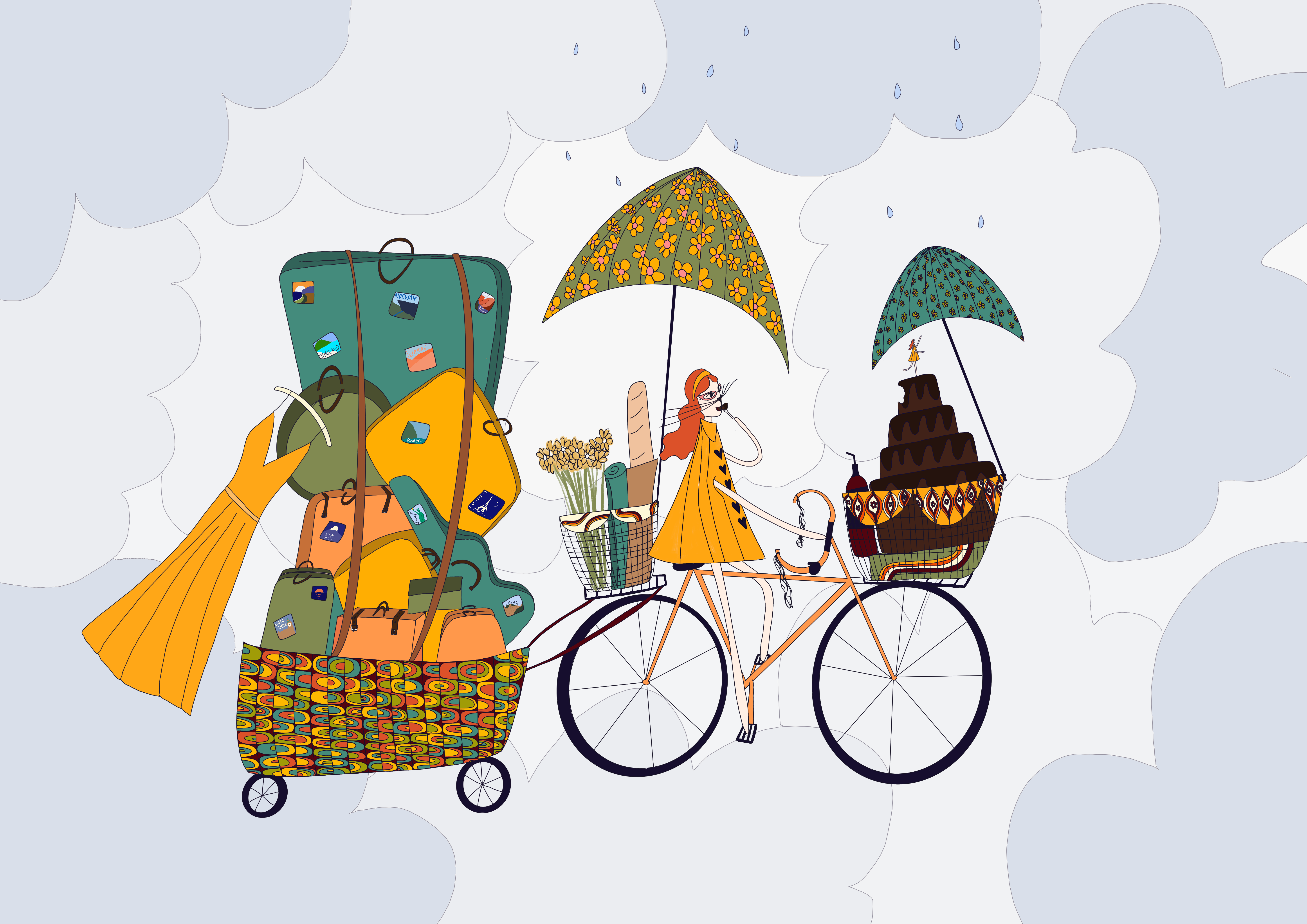Illustration of a person riding a bicycle with a basket full of items against a light gray background.