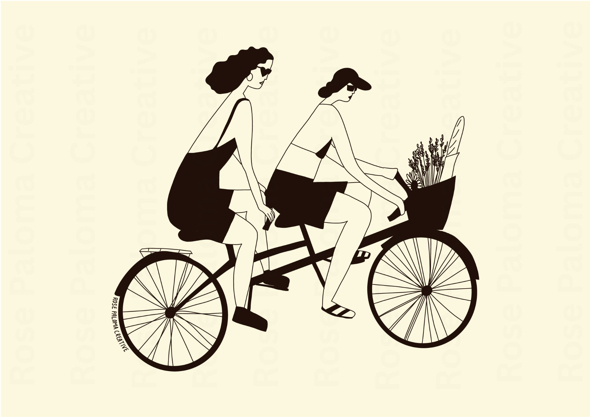Illustration of two people on a tandem bicycle with a minimalist design.