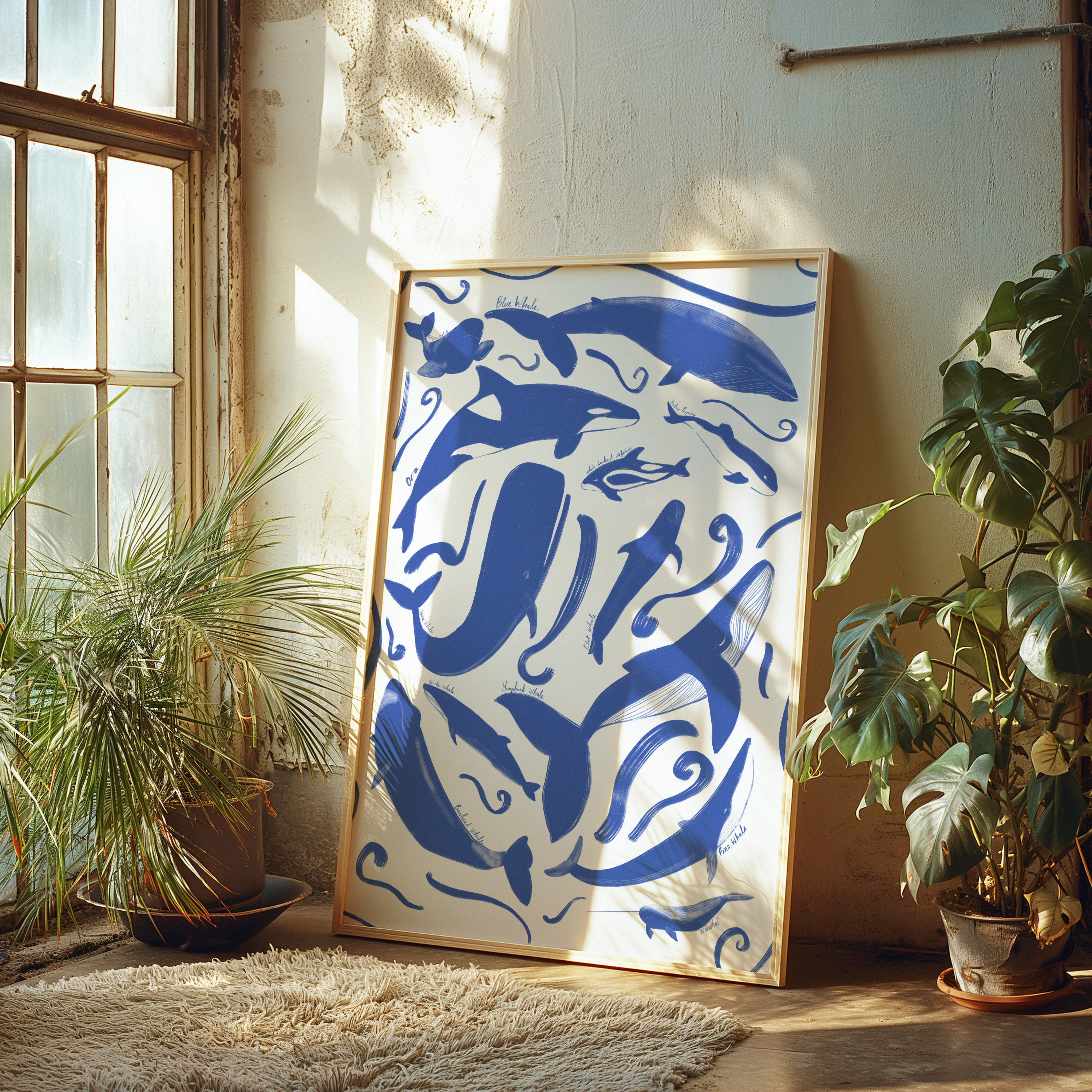 Framed artwork with blue whale illustrations in a sunlit room with plants