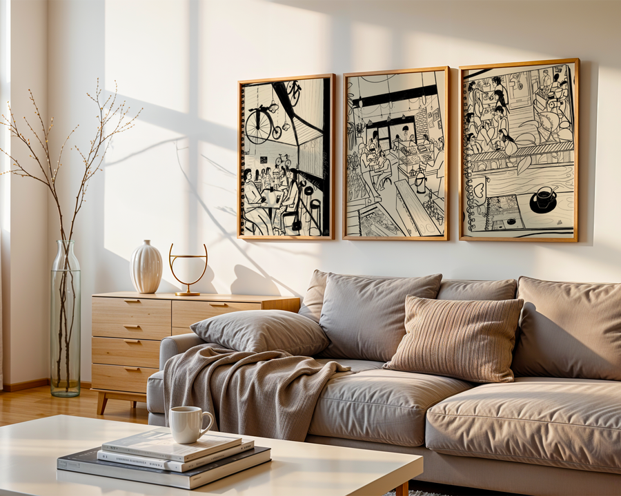 Modern living room with a beige sofa, coffee table, and wall art.