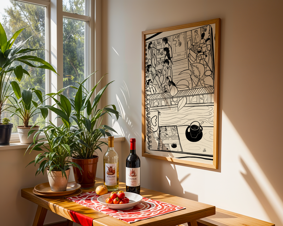 Home interior with plants, wine bottles, and a framed artwork on a wall.