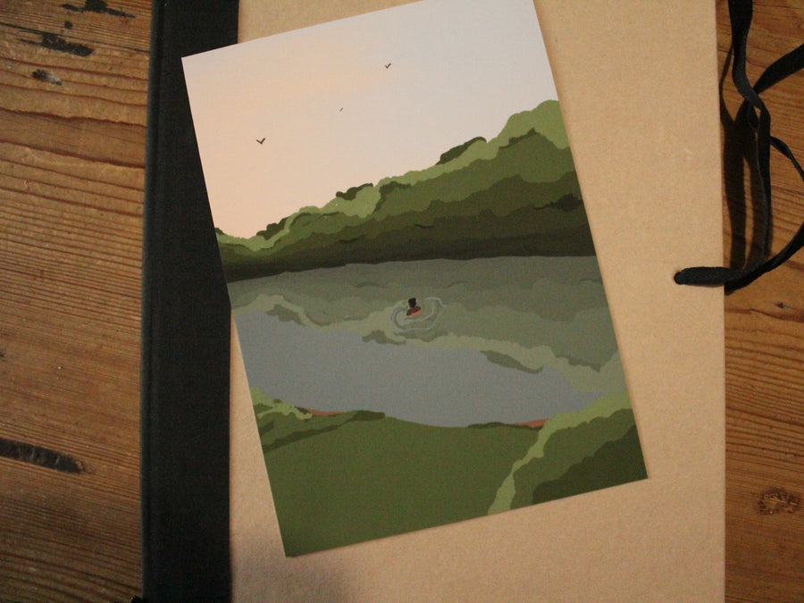 Illustration of a woman swimming in the river at sunset