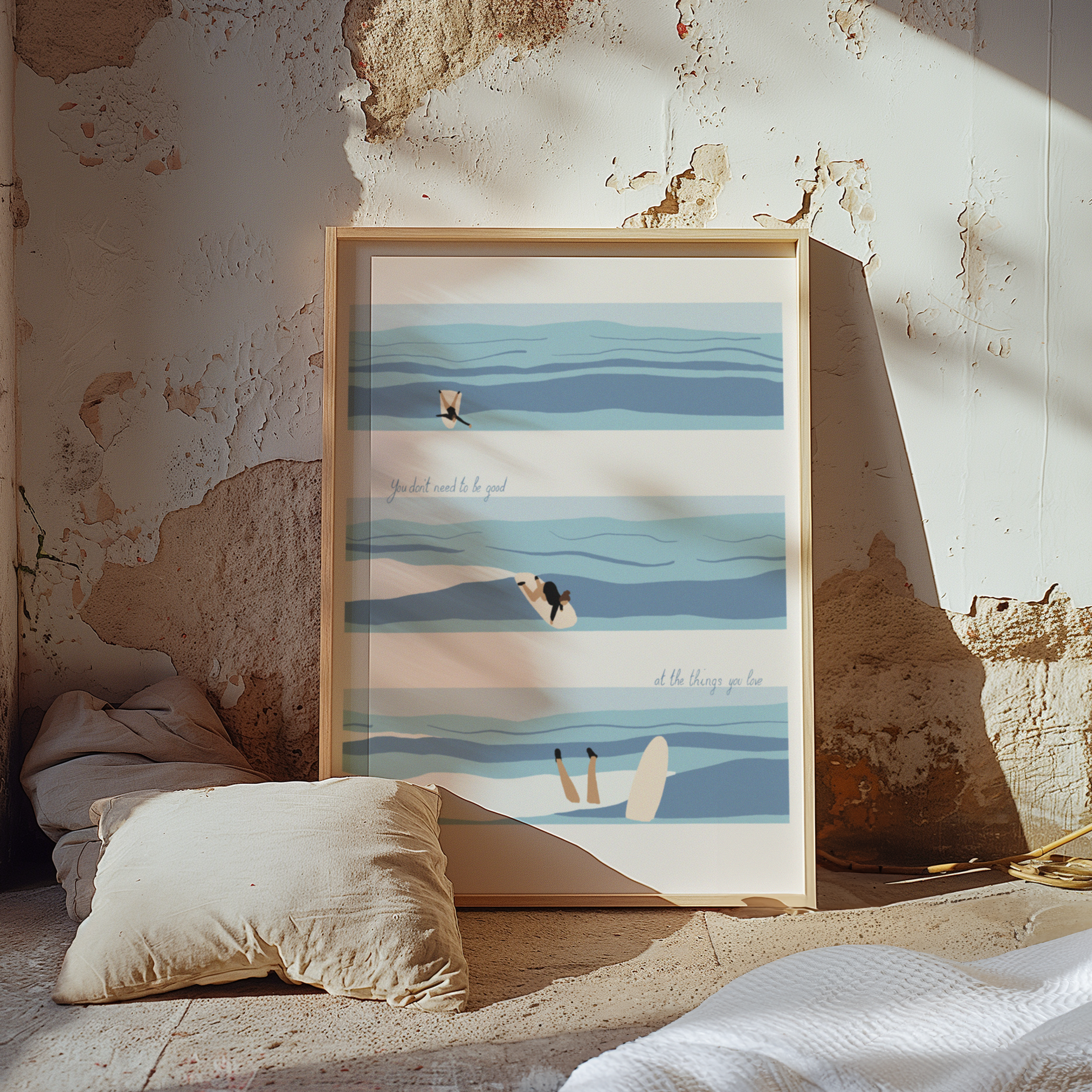 Framed artwork of a beach surf scene with people on a textured wall.