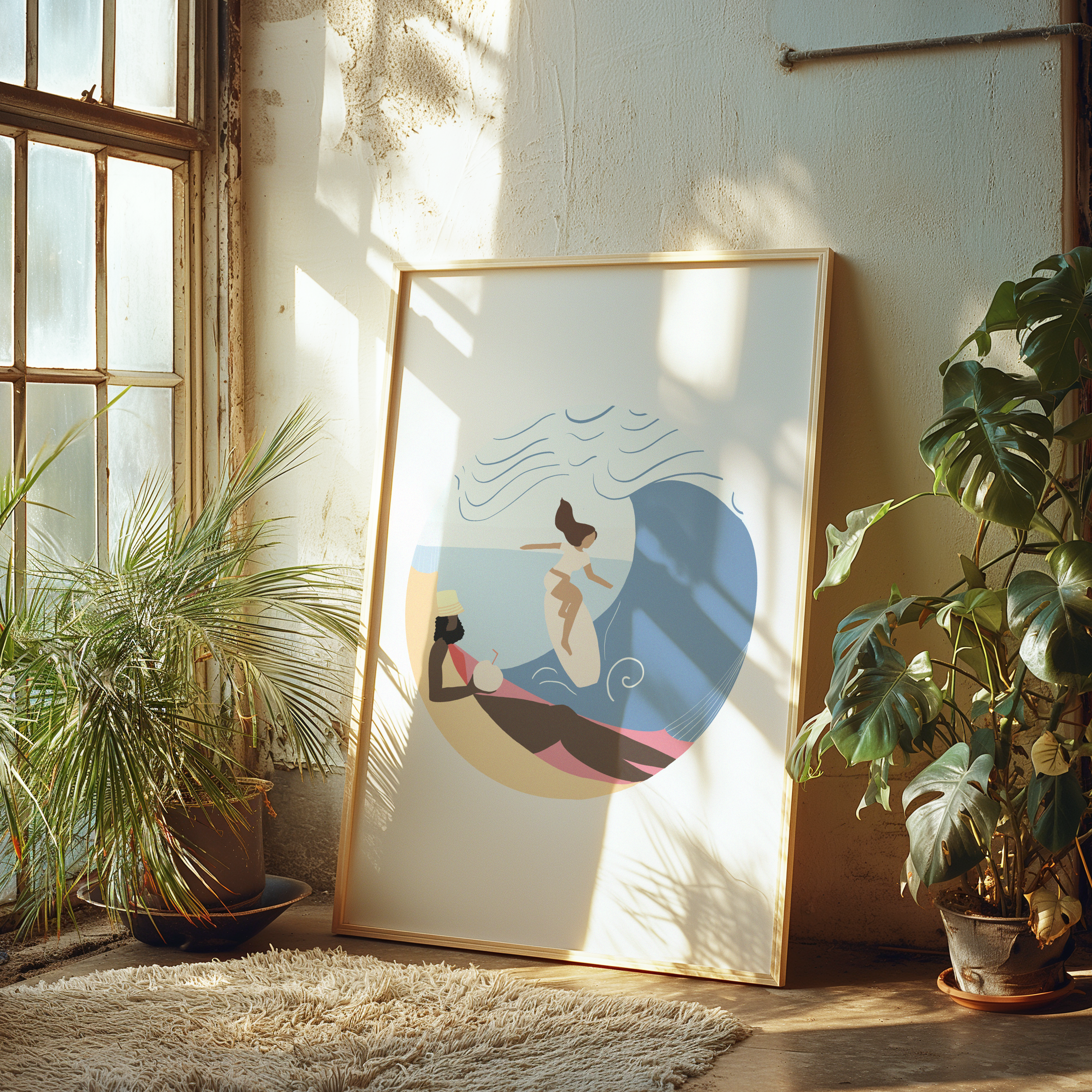 Framed artwork of a surfer on a beach in a sunlit room with plants