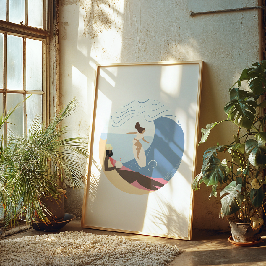 Framed artwork of a surfer on a beach in a sunlit room with plants