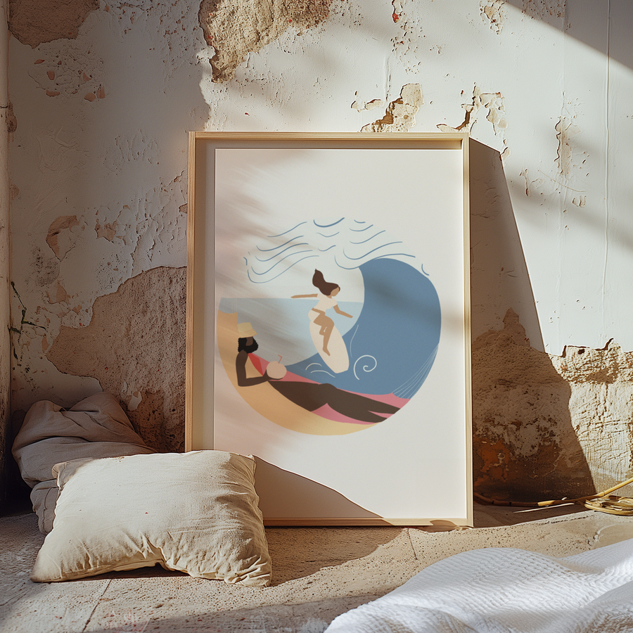 Framed artwork of a woman on a wave in a rustic room with peeling paint walls.