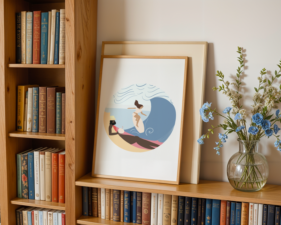 Framed art print of surfer on bookshelf with flowers