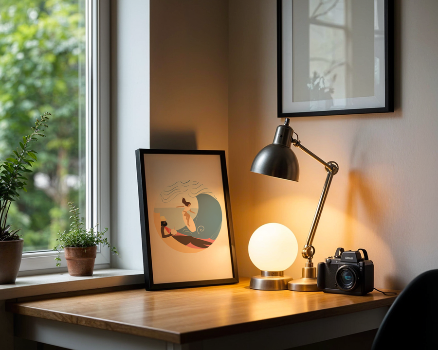Desk with lamp, camera, and framed picture near a window with plants.
