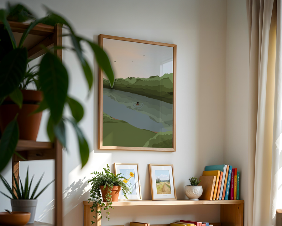Framed landscape art on a wall with books and plants on a shelf below.